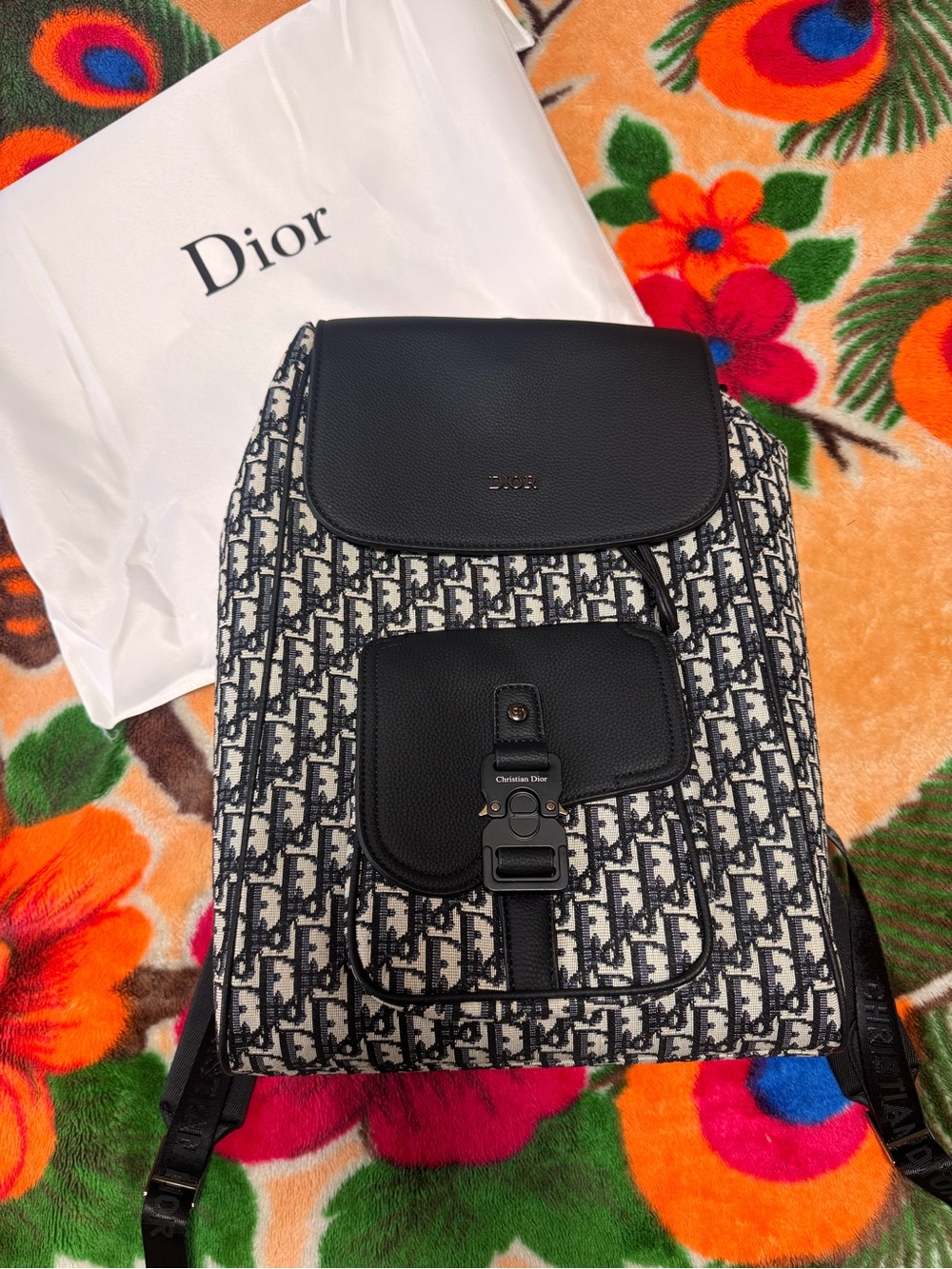 Dior Oblique Canvas Backpack with Black Leather Trim